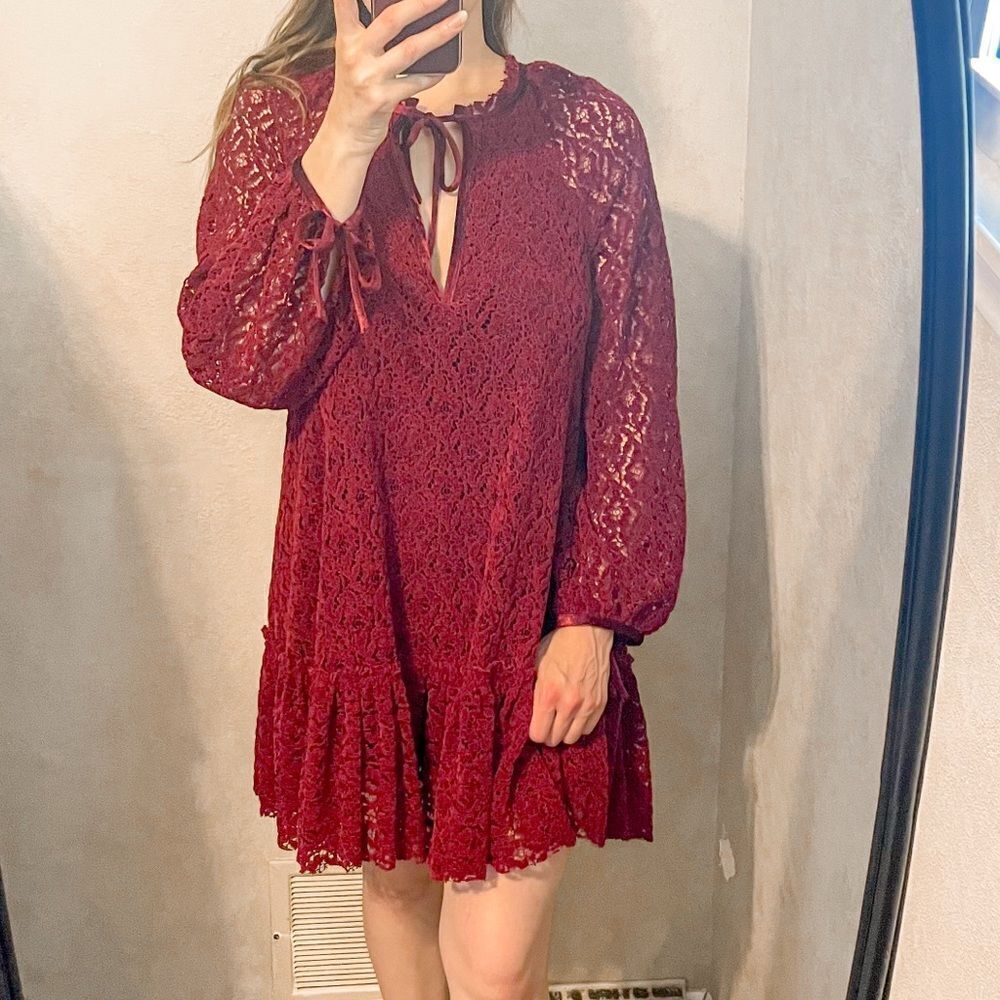 Free People Jenny Trapeze Swing Dress Crochet Lace Red